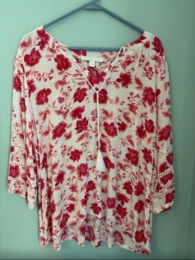 Floral V-Neck Tassel Blouse - Pinks/White